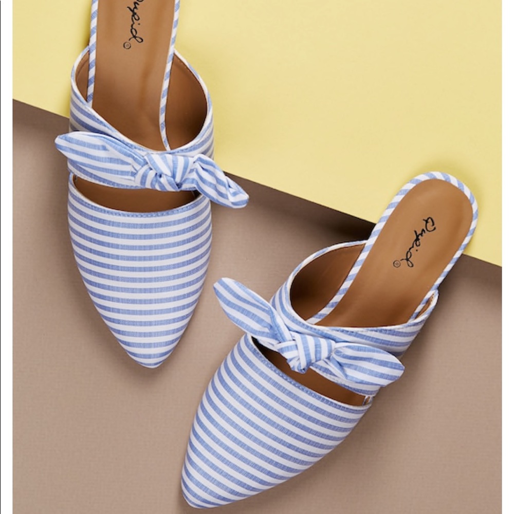 Blue white striped bow mule flats